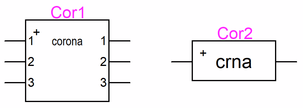 EMTP corona device symbols: the single-phase and three-phase nonlinear shunt-branch forms used to attach corona to a line section.