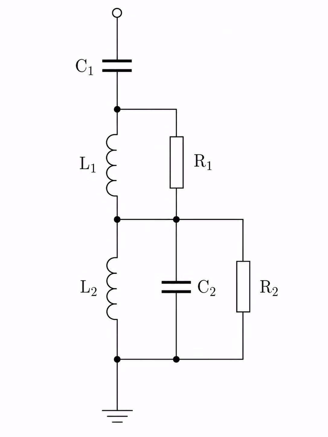 Double-tuned damped filter circuit diagram with resistors R1 and R2 providing broadband damping across two tuning frequencies