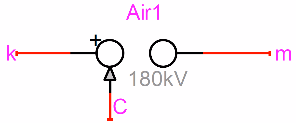 The EMTP Air Gap device symbol labelled Air1, with k and m terminals across the gap, a control pin C, a positive-polarity marker and a 180 kV label.