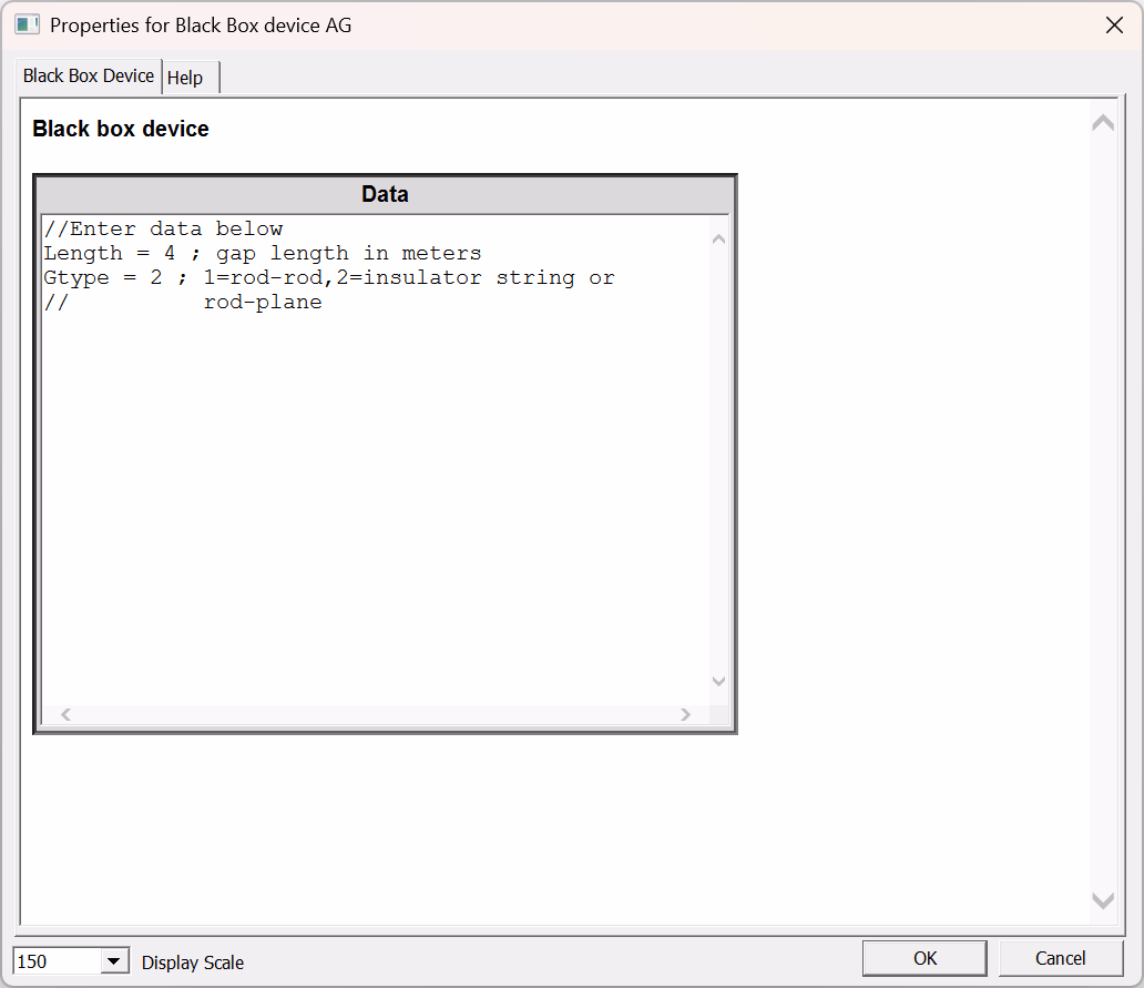 The EMTP black-box device data dialog for the air-gap leader model, showing two entries: Length = 4 (gap length in metres) and Gtype = 2 (1 = rod-rod, 2 = insulator string or rod-plane).