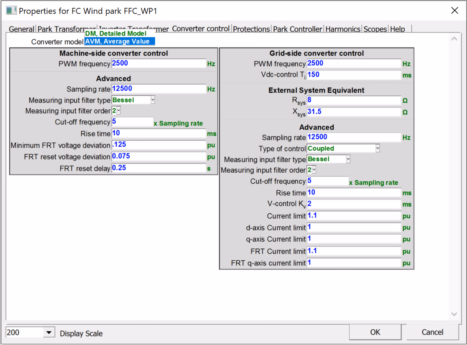 The converter-control parameter mask of the full-converter wind-park model, exposing machine-side and grid-side PWM and sampling, measurement-filter type, order and cut-off, rise time, control mode, FRT thresholds, the external system equivalent R_sys and X_sys, and the current limits.