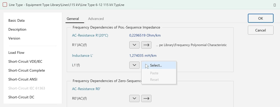 PowerFactory line type with a Frequency Polynomial Characteristic assigned to R1'(AC)(f), and the right-click menu offering Select, Paste and Reset for the L1'(f) field.