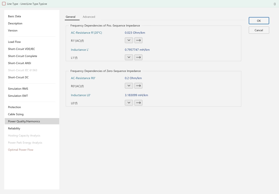 DIgSILENT PowerFactory Line Type dialog, Power Quality/Harmonics page, showing frequency-dependency fields R1'(AC)(f), L1'(f), R0'(AC)(f) and L0'(f) for the positive- and zero-sequence impedance.