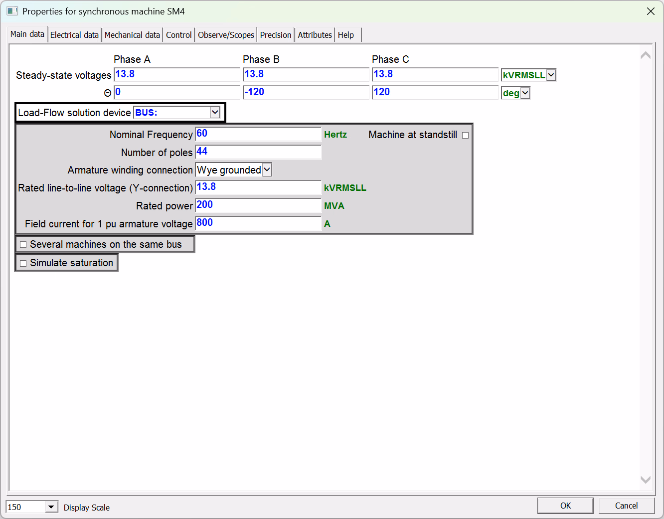 Synchronous-machine data page referencing a load-flow solution device (the bus) alongside the steady-state voltages and ratings, so the machine's internal initialisation is taken from the solved operating point.
